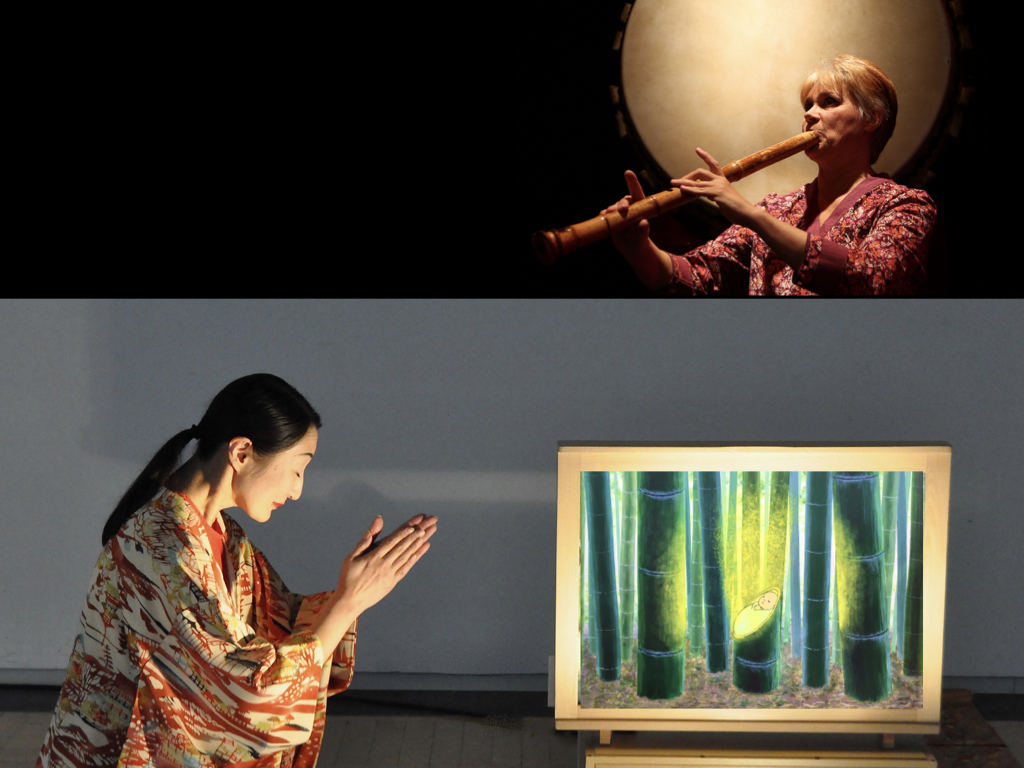 Hiromi ASAÏ a redécouvert le kamishibaï vers 28 ans, c’est là qu’elle est devenue conteuse © C.Kaguya / Illustration : Aya Roppongi-Vessile / « Histoire de la princesse Kaguya » avec Véronique Piron à la flute traditionnelle japonaise en bambou