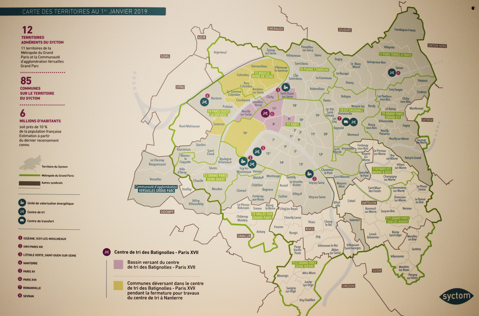 Cette carte nous montre les communes gérées par SYCTOM, mais aussi les sites et les installations de l’agence © Globe Reporters